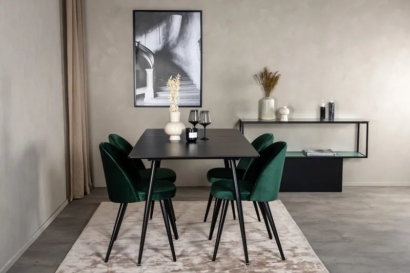 Suorakulmainen Silar-ruokailuryhmä 120-160 cm ja 4 Velvet-ruokatuolia, vihreä