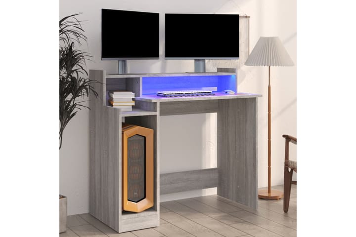 beBasic Työpöytä LED-valoilla harmaa Sonoma 97x90x45 cm tekninen puu - Harmaa - Tietokonepöytä
 - Kirjoituspöytä