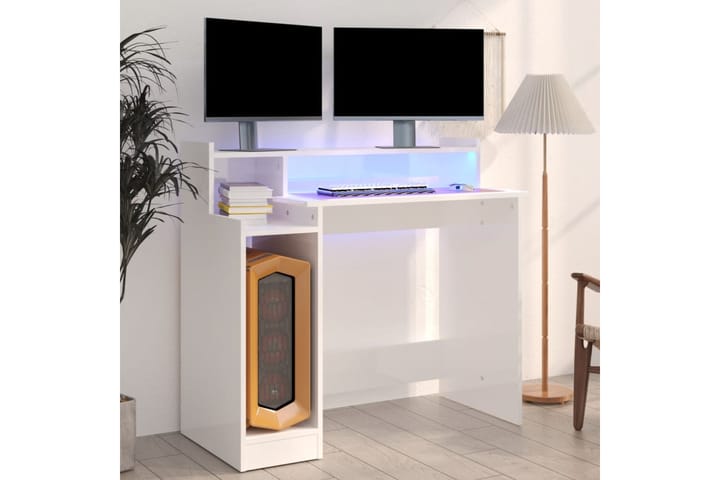 beBasic Työpöytä LED-valoilla korkeak. valk. 97x90x45 cm tekninen puu - Valkoinen - Kirjoituspöytä - Tietokonepöytä