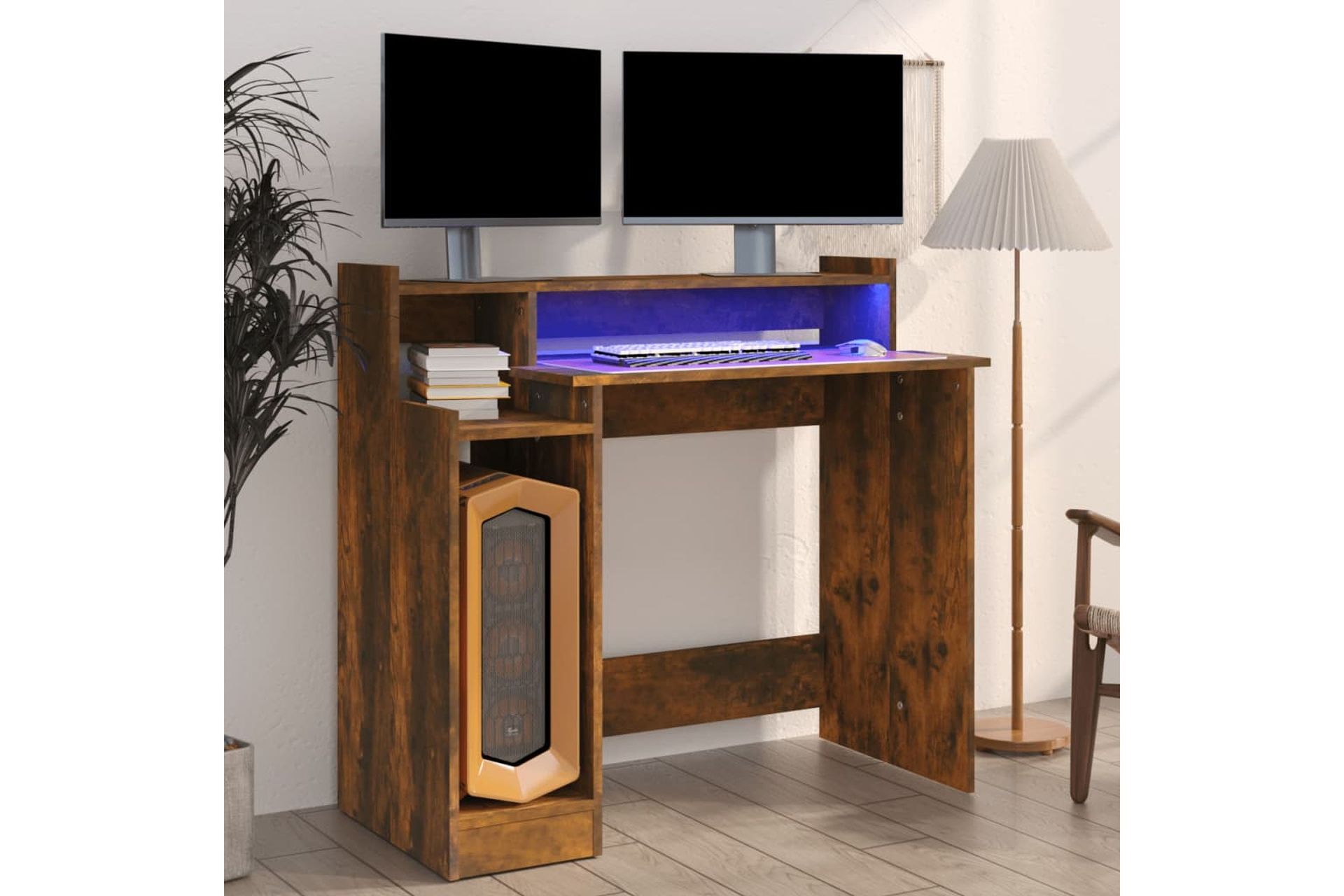 beBasic Työpöytä LED-valoilla savutammi 97x90x45 cm tekninen puu - Ruskea - Huonekalut - Pöytä & ruokailuryhmä - Työpöytä
 - Tietokonepöytä