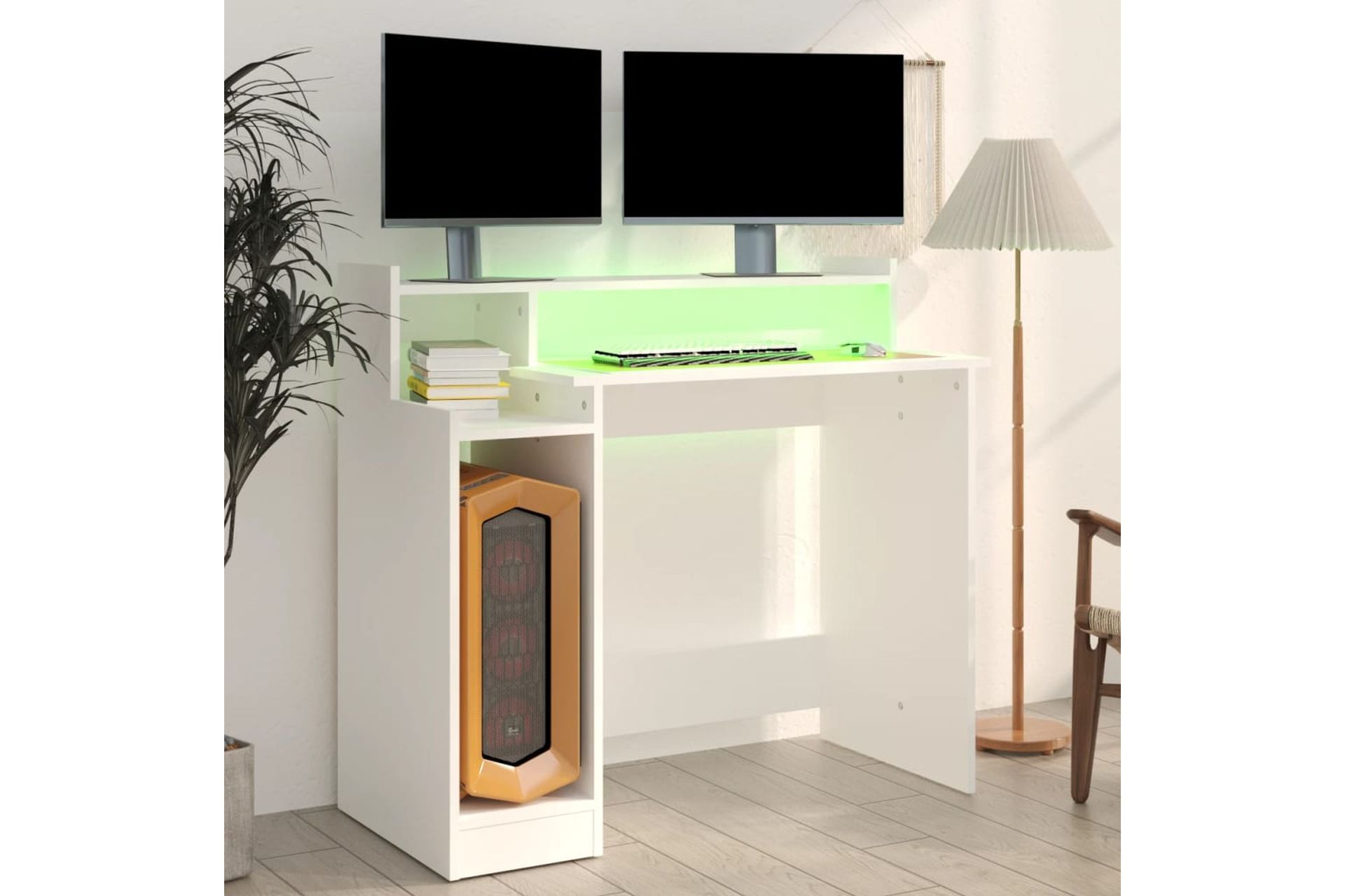 beBasic Työpöytä LED-valoilla valkoinen 97x90x45 cm tekninen puu - Valkoinen - Huonekalut - Pöytä & ruokailuryhmä - Työpöytä
 - Tietokonepöytä