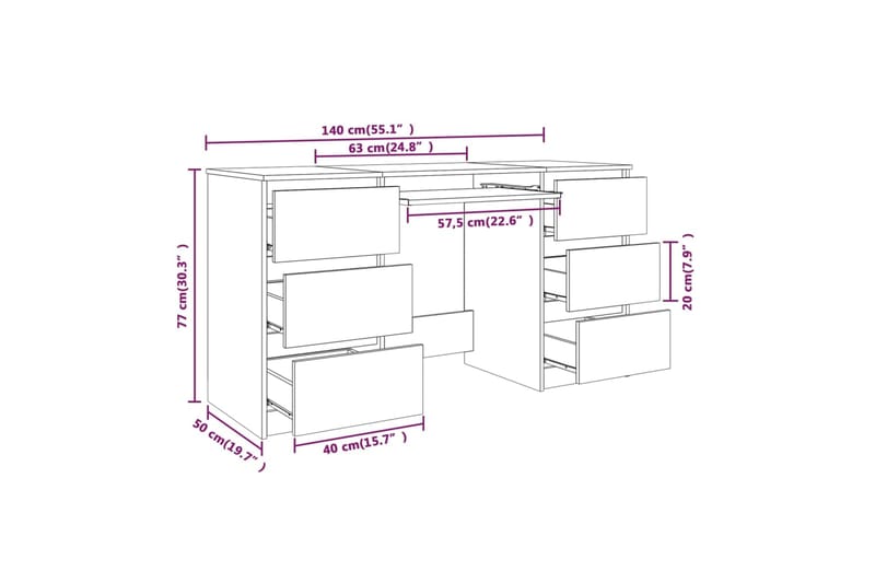 beBasic Työpöytä savutammi 140x50x77 cm tekninen puu - Ruskea - Huonekalut - Pöytä & ruokailuryhmä - Työpöytä
 - Tietokonepöytä