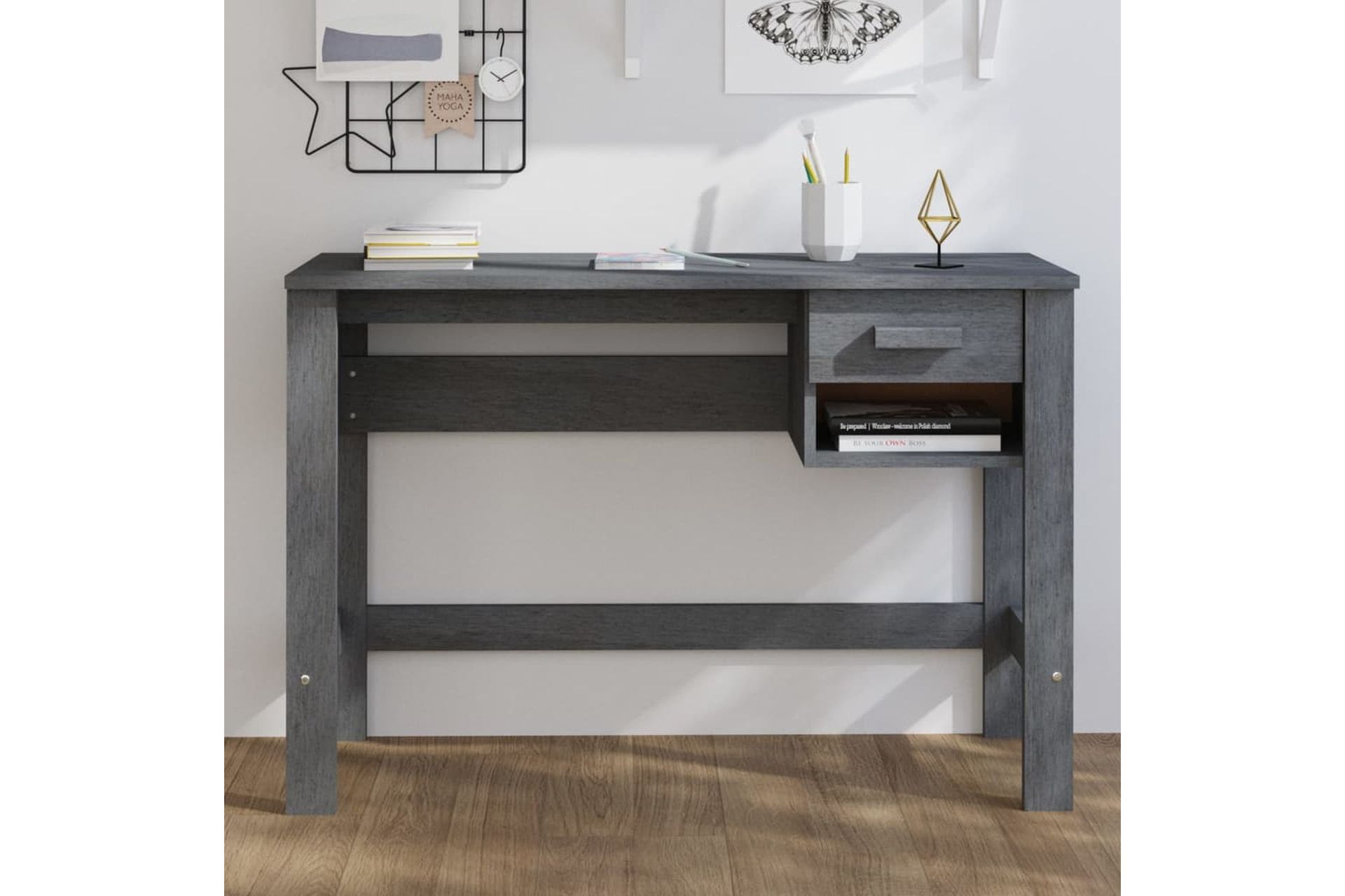 beBasic Työpöytä tummanharmaa 110x40x75 cm täysi mänty - Harmaa - Huonekalut - Pöytä & ruokailuryhmä - Työpöytä
 - Tietokonepöytä