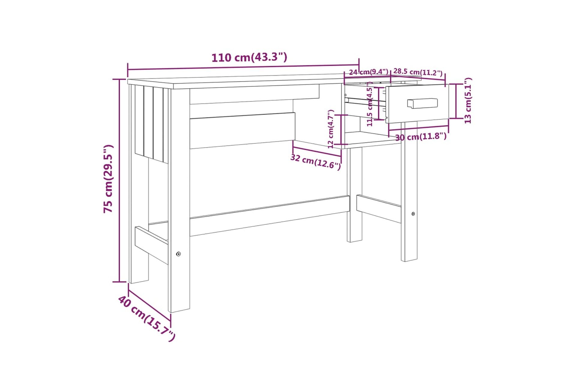 beBasic Työpöytä tummanharmaa 110x40x75 cm täysi mänty - Harmaa - Huonekalut - Pöytä & ruokailuryhmä - Työpöytä
 - Tietokonepöytä