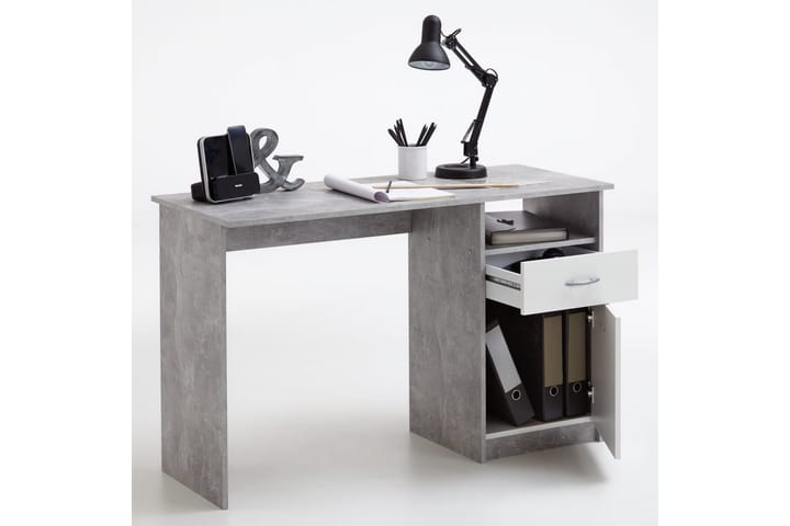 FMD Työpöytä vetolaatikolla 123x50x76,5cm betoni & valkoinen - Harmaa - Tietokonepöytä
 - Kirjoituspöytä