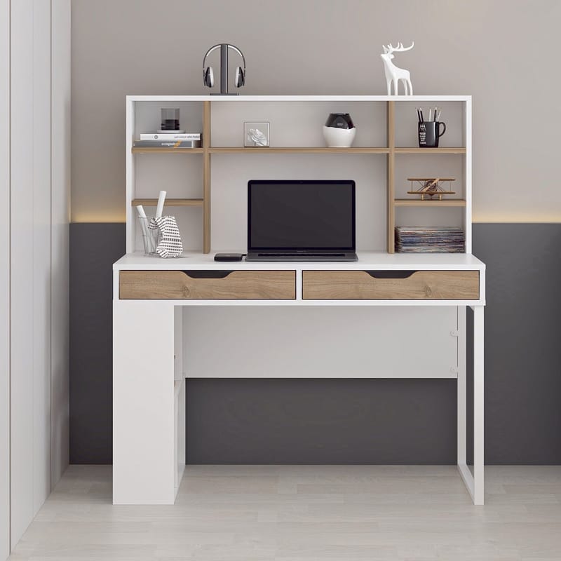 Kirjoituspöytä Kalune Design Mila (120 x 132 x 60 cm) valkoinen/pähkinä - Valkoinen ja pähkinä - Huonekalut - Pöytä & ruokailuryhmä - Työpöytä - Tietokonepöytä