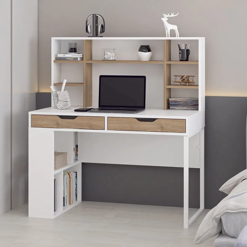 Kirjoituspöytä Kalune Design Mila (120 x 132 x 60 cm) valkoinen/pähkinä - Valkoinen ja pähkinä - Huonekalut - Pöytä & ruokailuryhmä - Työpöytä - Tietokonepöytä