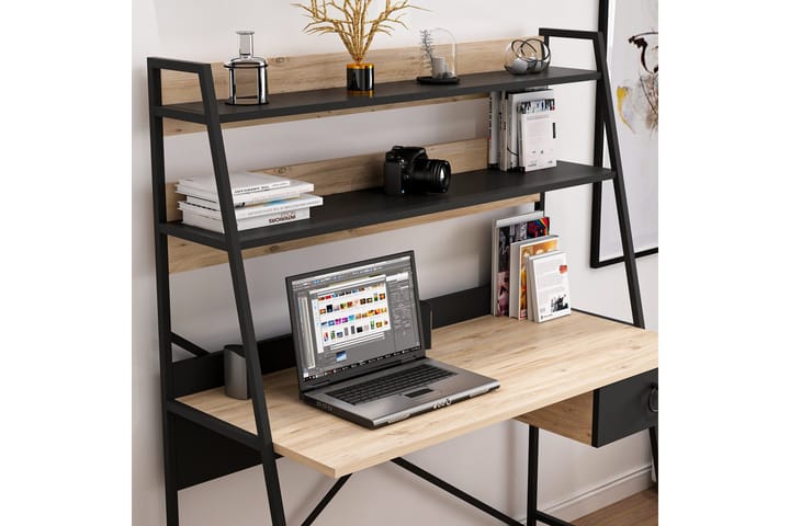 Kirjoituspöytä Aizpute 125 cm Säilytys Laatikko + HyllyT - Luonnonväri/Musta - Tietokonepöytä
 - Kirjoituspöytä
