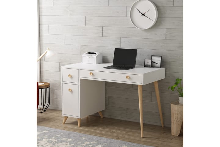 Kirjoituspöytä Alsunga 120 cm Säilytyksellä Laatikot + Kaapp - Valkoinen/Luonnonväri - Tietokonepöytä
 - Kirjoituspöytä