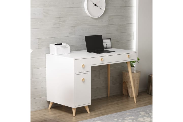 Kirjoituspöytä Alsunga 120 cm Säilytyksellä Laatikot + Kaapp - Valkoinen/Luonnonväri - Tietokonepöytä
 - Kirjoituspöytä