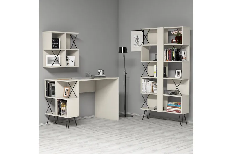 Kirjoituspöytä Amtorp 120 cm Säilytyksellä+2 kirjahyllyä - Kermanvalkoinen/Musta - Huonekalut - Pöytä & ruokailuryhmä - Työpöytä - Kirjoituspöytä