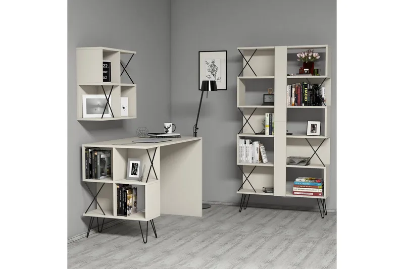 Kirjoituspöytä Amtorp 120 cm Säilytyksellä+2 kirjahyllyä - Kermanvalkoinen/Musta - Huonekalut - Pöytä & ruokailuryhmä - Työpöytä - Kirjoituspöytä