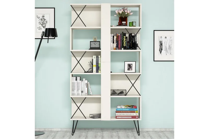 Kirjoituspöytä Amtorp 120 cm Säilytyksellä+2 kirjahyllyä - Kermanvalkoinen/Musta - Huonekalut - Pöytä & ruokailuryhmä - Työpöytä - Kirjoituspöytä