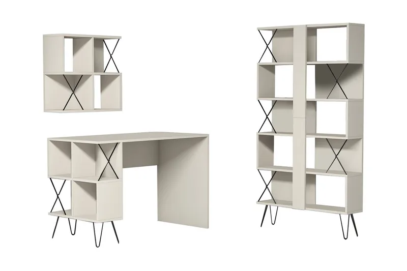 Kirjoituspöytä Amtorp 120 cm Säilytyksellä+2 kirjahyllyä, Kermanvalkoinen/Musta