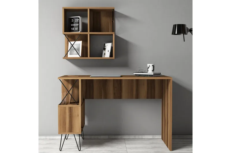 Kirjoituspöytä Amtorp 120 cm Säilytyksellä+2 kirjahyllyä - Ruskea/Musta/Tammi - Huonekalut - Pöytä & ruokailuryhmä - Työpöytä - Kirjoituspöytä
