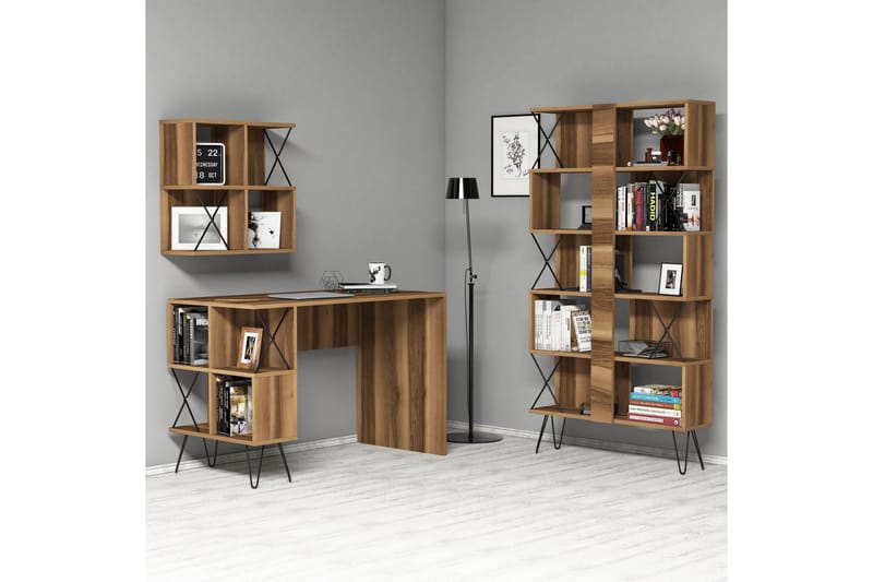 Kirjoituspöytä Amtorp 120 cm Säilytyksellä+2 kirjahyllyä - Ruskea/Musta/Tammi - Huonekalut - Pöytä & ruokailuryhmä - Työpöytä - Kirjoituspöytä