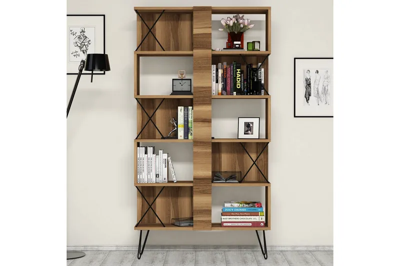 Kirjoituspöytä Amtorp 120 cm Säilytyksellä+2 kirjahyllyä - Ruskea/Musta/Tammi - Huonekalut - Pöytä & ruokailuryhmä - Työpöytä - Kirjoituspöytä