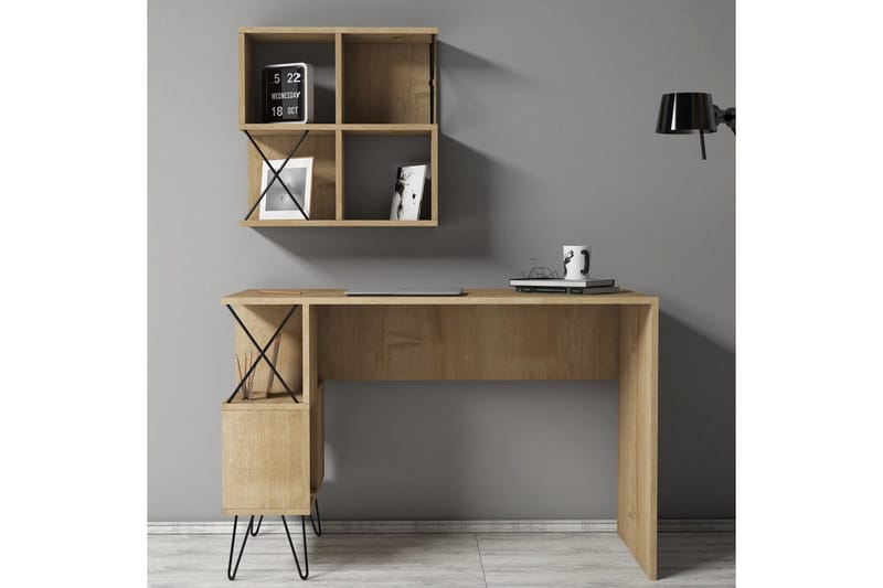 Kirjoituspöytä Amtorp 120 cm Säilytyksellä+2 kirjahyllyä - Vaaleanruskea/Musta - Huonekalut - Pöytä & ruokailuryhmä - Työpöytä - Kirjoituspöytä