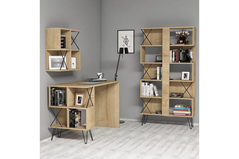 Kirjoituspöytä Amtorp 120 cm Säilytyksellä+2 kirjahyllyä, Vaaleanruskea/Musta