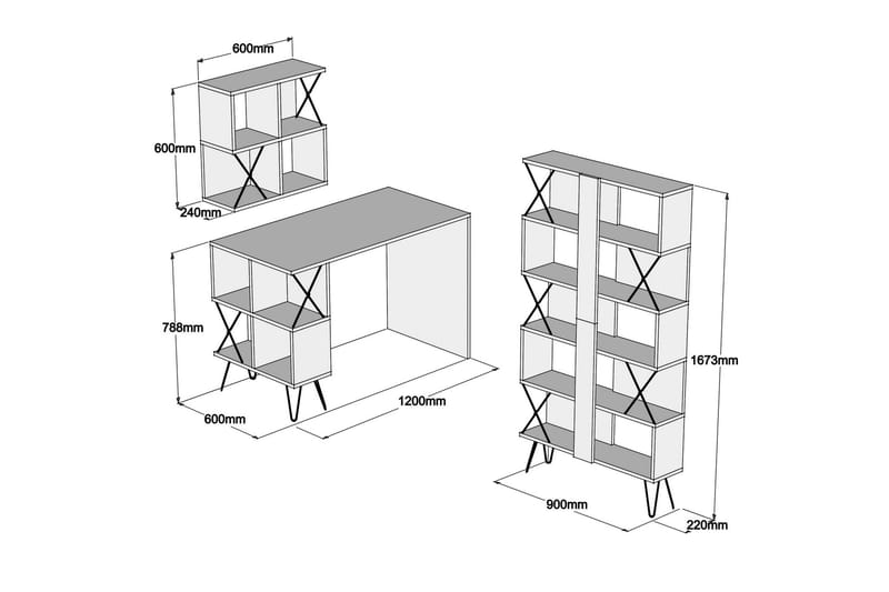 Kirjoituspöytä Amtorp 120 cm Säilytyksellä+2 kirjahyllyä - Vaaleanruskea/Musta - Huonekalut - Pöytä & ruokailuryhmä - Työpöytä - Kirjoituspöytä