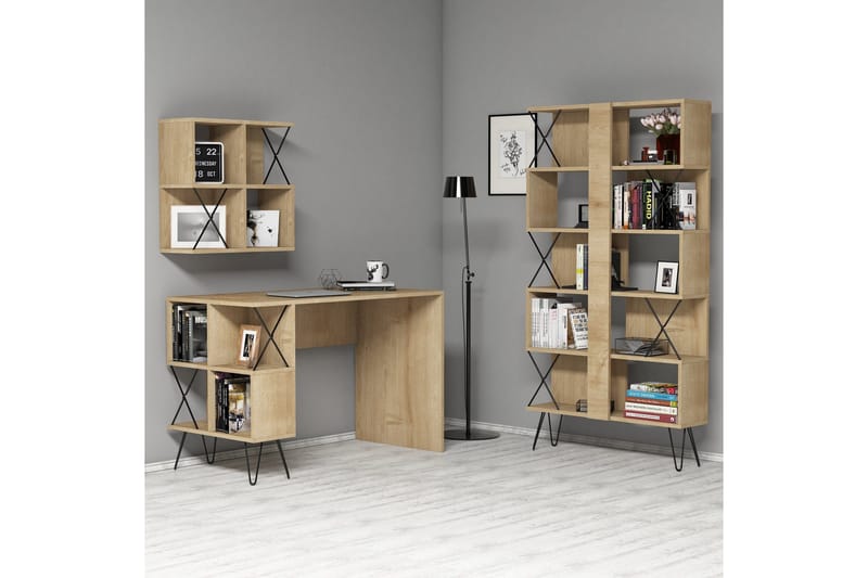 Kirjoituspöytä Amtorp 120 cm Säilytyksellä+2 kirjahyllyä - Vaaleanruskea/Musta - Huonekalut - Pöytä & ruokailuryhmä - Työpöytä - Kirjoituspöytä