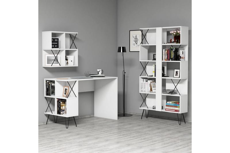 Kirjoituspöytä Amtorp 120 cm Säilytyksellä+2 kirjahyllyä - Valkoinen - Huonekalut - Pöytä & ruokailuryhmä - Työpöytä - Kirjoituspöytä