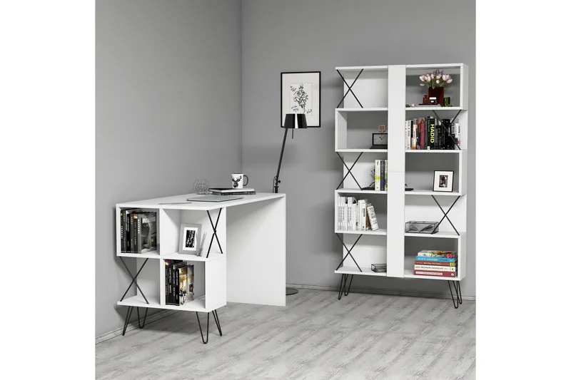 Kirjoituspöytä Amtorp 120 cm Säilytyksellä Hylly+Kirjahylly, Extra Valkoinen