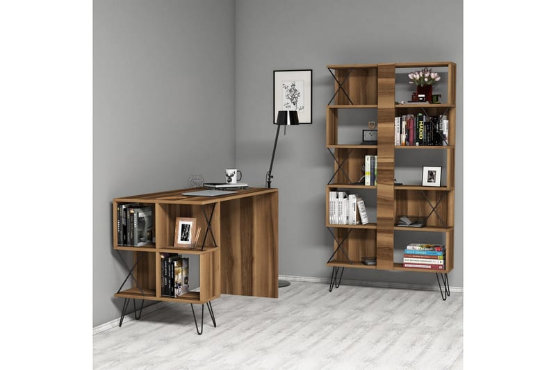 Kirjoituspöytä Amtorp 120 cm Säilytyksellä Hylly+Kirjahylly, Musta/Tammi/Ruskea