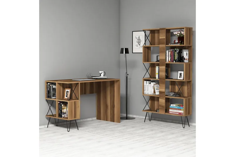 Kirjoituspöytä Amtorp 120 cm Säilytyksellä Hylly+Kirjahylly - Musta/Tammi/Ruskea - Huonekalut - Pöytä & ruokailuryhmä - Työpöytä - Kirjoituspöytä
