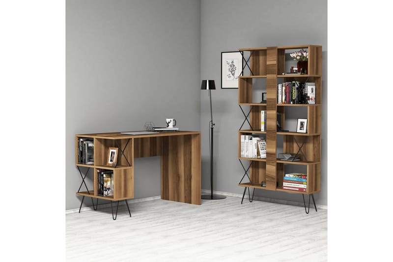 Kirjoituspöytä Amtorp 120 cm Säilytyksellä Hylly+Kirjahylly - Musta/Tammi/Ruskea - Huonekalut - Pöytä & ruokailuryhmä - Työpöytä - Kirjoituspöytä
