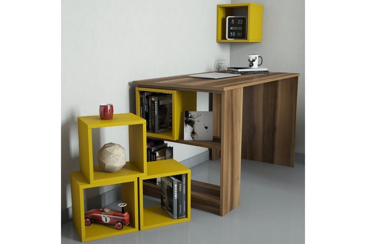 Kirjoituspöytä Amtorp 120 cm Säilytyksellä Hylly+Seinähylly - Ruskea/Keltainen - Tietokonepöytä
 - Kirjoituspöytä