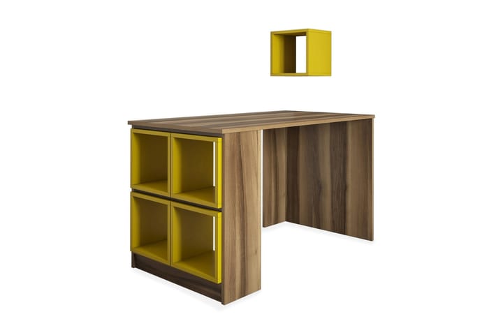 Kirjoituspöytä Amtorp 120 cm Säilytyksellä Hylly+Seinähylly - Ruskea/Keltainen - Tietokonepöytä
 - Kirjoituspöytä