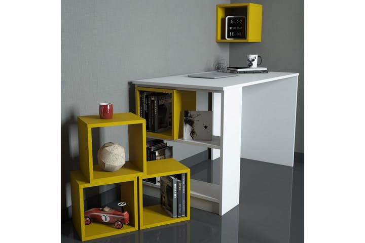Kirjoituspöytä Amtorp 120 cm Säilytyksellä+Seinähylly + - Valkoinen/Keltainen - Kirjoituspöytä - Tietokonepöytä