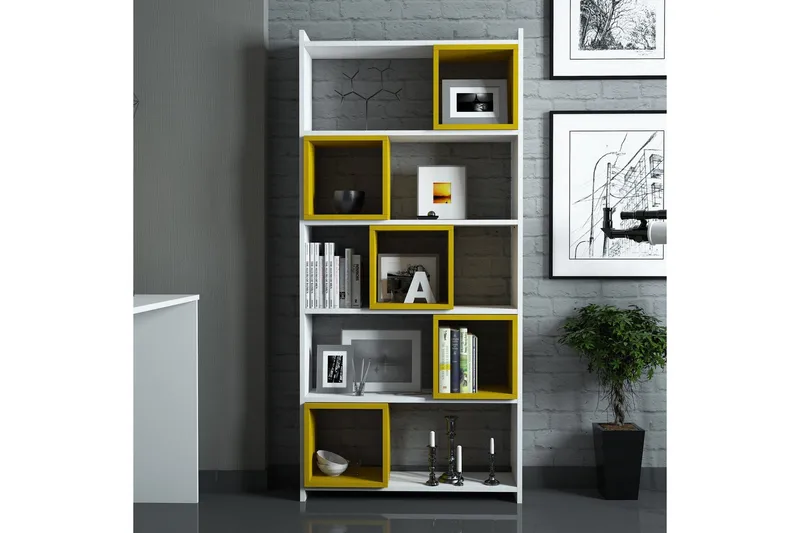 Kirjoituspöytä Amtorp 120 cm Säilytyksellä+Seinähylly +, Valkoinen/Keltainen