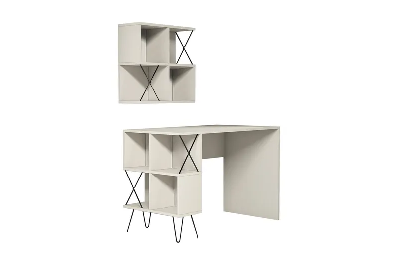 Kirjoituspöytä Amtorp 120 cm Säilytys Hylly+Kirjahylly Pieni, Kermanvalkoinen/Musta