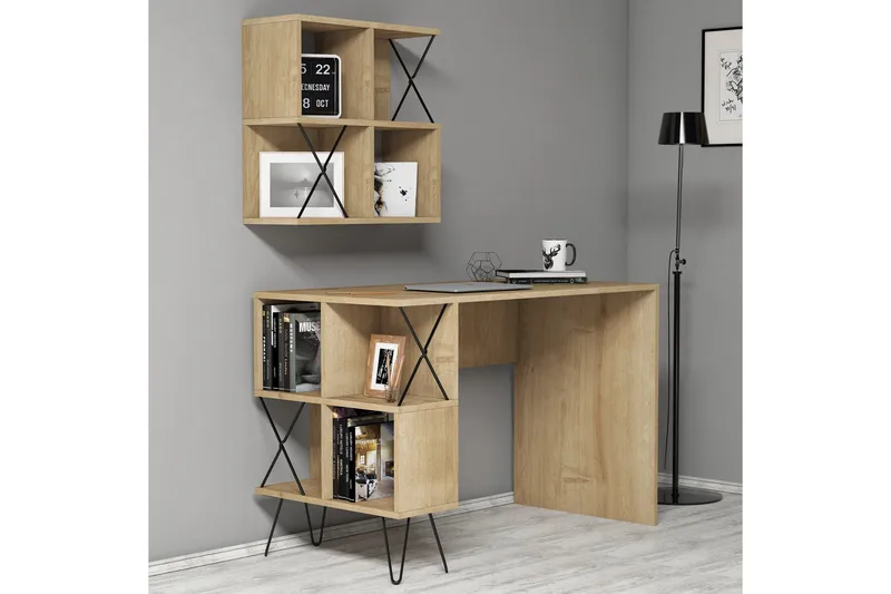 Kirjoituspöytä Amtorp 120 cm Säilytys Hylly+Kirjahylly Pieni, Vaaleanruskea