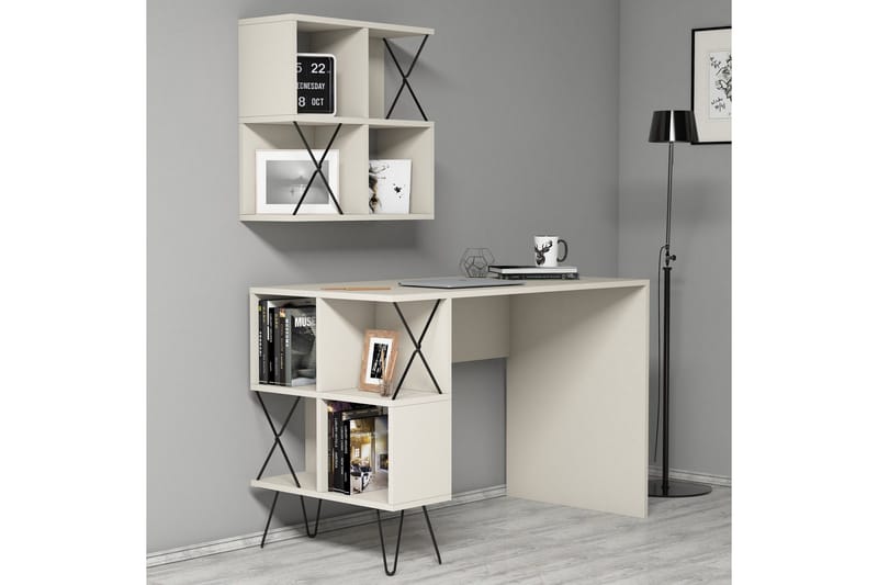 Kirjoituspöytä Amtorp 120 cm Säilytys Hylly+Kirjahylly Pieni - Kermanvalkoinen/Musta - Huonekalut - Pöytä & ruokailuryhmä - Työpöytä - Kirjoituspöytä