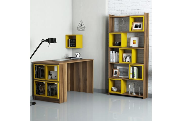 Kirjoituspöytä Amtorp 120 cm Säilytys Hylly+Seinähylly+Kirja - Ruskea/Keltainen - Tietokonepöytä
 - Kirjoituspöytä