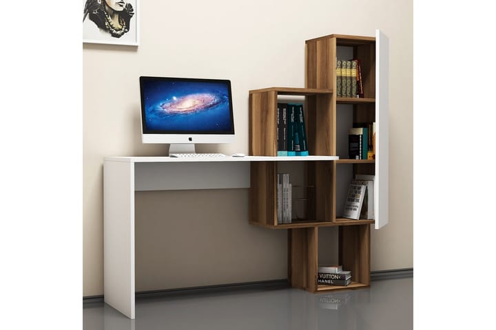 Kirjoituspöytä Amtorp 145 cm Säilytyksellä Hyllyt+kaappi - Ruskea/Valkoinen - Tietokonepöytä
 - Kirjoituspöytä