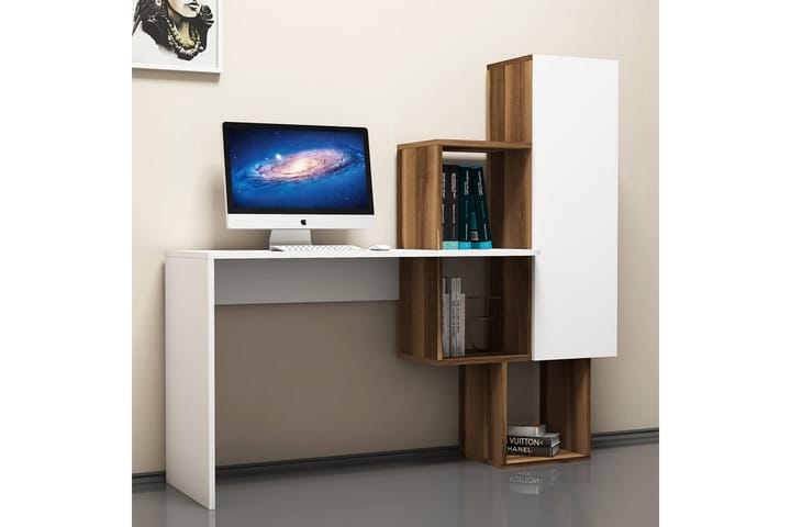 Kirjoituspöytä Amtorp 145 cm Säilytyksellä Hyllyt+kaappi - Ruskea/Valkoinen - Tietokonepöytä
 - Kirjoituspöytä