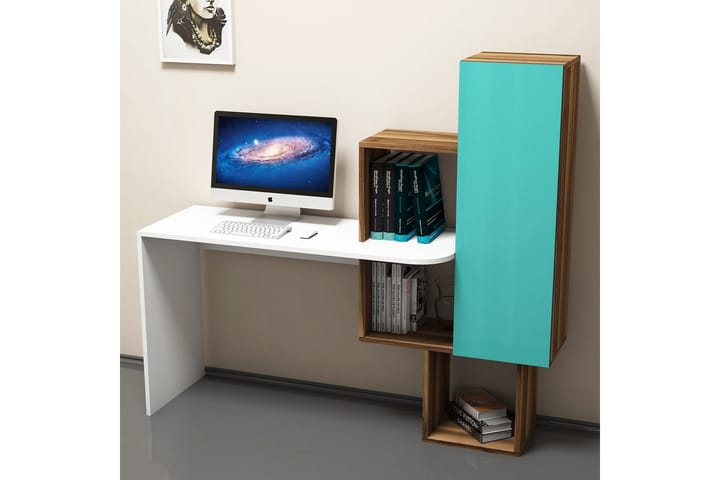 Kirjoituspöytä Amtorp 145 cm Säilytyksellä Hyllyt+kaappi - Ruskea/Valkoinen/Turkoosi - Tietokonepöytä
 - Kirjoituspöytä