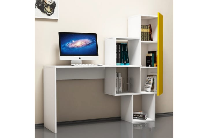 Kirjoituspöytä Amtorp 145 cm Säilytyksellä Hyllyt+kaappi - Valkoinen/Keltainen - Kirjoituspöytä - Tietokonepöytä