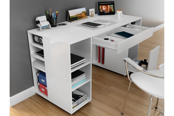 Kirjoituspöytä Anestad 145 cm Säilytyksellä Hyllyt+laatikot - Valkoinen - Tietokonepöytä
 - Kirjoituspöytä