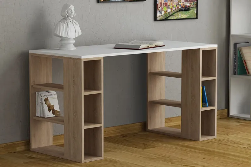 Kirjoituspöytä Brillcon 140 cm Säilytyksellä Hyllyt - Valkoinen/Tammenväri - Huonekalut - Pöytä & ruokailuryhmä - Työpöytä - Kirjoituspöytä