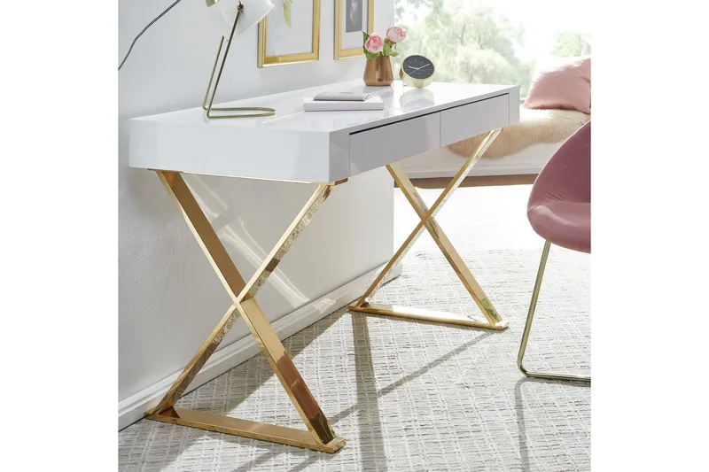 Kirjoituspöytä Clanton 118 cm Säilytyksellä 2 laatikkoa - Valkoinen/Kulta - Huonekalut - Pöytä & ruokailuryhmä - Työpöytä - Kirjoituspöytä