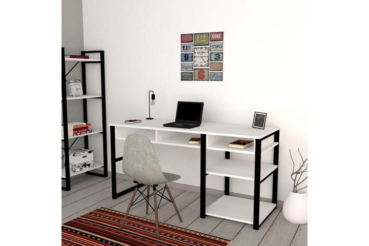 Kirjoituspöytä Dehana 150 cm Säilytyksellä 5 hyllyä - Valkoinen/Musta - Tietokonepöytä
 - Kirjoituspöytä