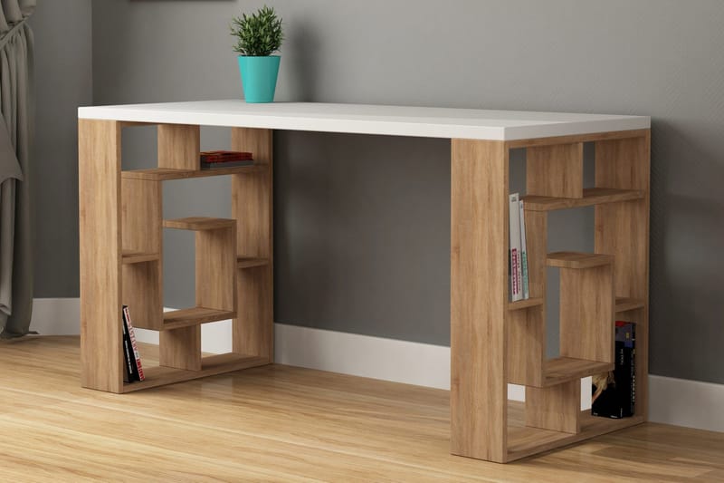 Kirjoituspöytä Hildegarde 140 cm Säilytyksellä Hyllyt - Valkoinen/Ruskea - Huonekalut - Pöytä & ruokailuryhmä - Työpöytä - Kirjoituspöytä