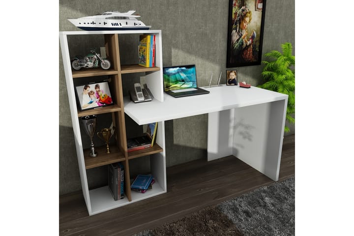 Kirjoituspöytä Joshua 151 cm Säilytyksellä Hyllyt - Valkoinen/Pähkinä - Tietokonepöytä
 - Kirjoituspöytä