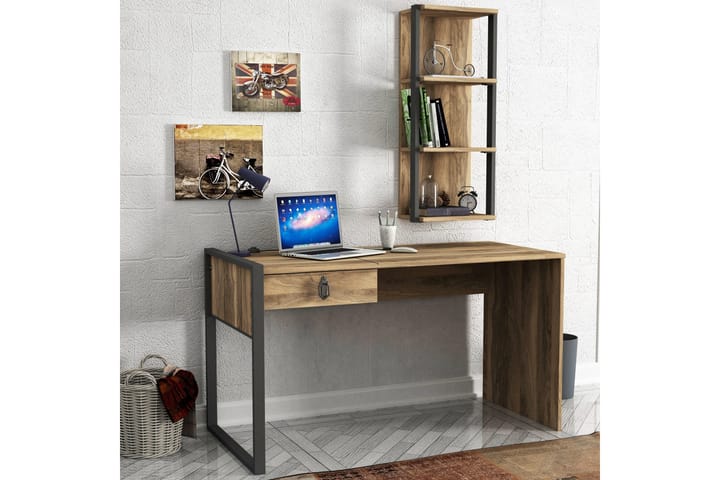Kirjoituspöytä Jospeh 124 cm Säilytys Laatikko+Seinähylly - Pähkinänruskea - Tietokonepöytä
 - Kirjoituspöytä