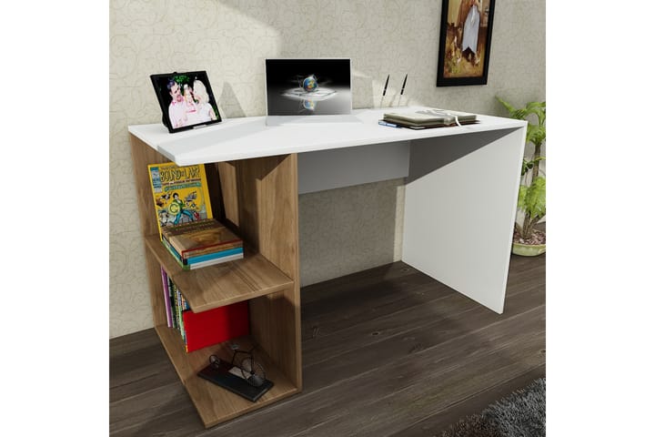 Kirjoituspöytä Lalenius 120 cm Säilytyksellä Hyllyt - Valkoinen/Pähkinänruskea - Tietokonepöytä
 - Kirjoituspöytä